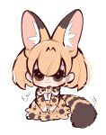  1girl :3 =3 absurdres animal_ear_fluff animal_ears bangs black_eyes blonde_hair bow bowtie chibi extra_ears gloves hair_between_eyes highres kemono_friends looking_at_viewer notora print_gloves print_neckwear print_skirt serval_(kemono_friends) serval_print short_hair simple_background sitting skirt smile solo striped_tail tail white_background 