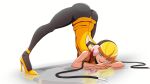  1girl ass blonde_hair blue_eyes cable elesa_(pokemon) headphones high_heels highres jack-o&#039;_challenge long_legs looking_at_viewer pokemon pokemon_(game) pokemon_bw pose reflection simple_background smile solo squatting vivivoovoo 