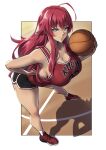  1girl absurdres ahoge ball bangs basketball basketball_uniform bent_over blue_eyes breasts eyebrows_visible_through_hair hair_between_eyes hand_on_hip high_school_dxd highres holding holding_ball large_breasts long_hair looking_at_viewer no_bra packge red_hair rias_gremory smile solo sportswear standing very_long_hair 