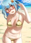  1girl beach bikini blue_hair blue_sky breasts cloud collarbone commentary_request day food-themed_hair_ornament gold_bikini hair_ornament hamburger-chan_(hundredburger) highres large_breasts looking_at_viewer mu-pyon navel ocean open_mouth original red-framed_eyewear red_eyes sand semi-rimless_eyewear short_hair sky solo swimsuit twitter_username under-rim_eyewear 