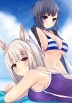  2girls alternate_breast_size animal_ears bangs beach beach_mat bikini bikini_top black_hair blunt_bangs blurry blurry_background bob_cut breasts brown_eyes competition_school_swimsuit depth_of_field ear_ornament eyebrows_visible_through_hair flower hair_flower hair_ornament hairclip happy_meek_(umamusume) highres horse_ears horse_girl jacket king_kouta kiryuuin_aoi light_brown_hair multiple_girls purple_eyes short_hair sideboob sunlight swimsuit umamusume 