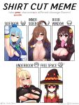  5girls absurdres ahoge aqua_(konosuba) armpits bangs blonde_hair blue_eyes blue_hair breasts brown_eyes brown_hair chomusuke cleavage cleavage_cutout clothing_cutout darkness_(konosuba) hair_between_eyes hair_ornament hat highres kono_subarashii_sekai_ni_shukufuku_wo! large_breasts megumin multiple_girls one_eye_closed ponytail red_eyes ribbon sagging_breasts shirt_cut_meme sideboob sidelocks simple_background the_only_shoe torn_clothes underboob undressing wiz_(konosuba) wizard_hat yunyun_(konosuba) 