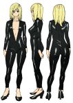  1girl alternate_costume ashiomi_masato biker_clothes bikesuit black_bodysuit blonde_hair bodysuit breasts closed_mouth guilty_gear guilty_gear_xrd high_heels looking_at_viewer medium_hair millia_rage multiple_views simple_background unzipped white_background 