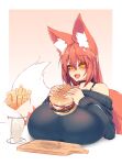  1girl animal_ear_fluff animal_ears bangs black_choker breast_rest breasts burger choker commentary cutting_board english_commentary eyebrows_visible_through_hair fang food fox_ears fox_girl fox_tail french_fries gigantic_breasts hair_between_eyes highres large_tail long_hair long_sleeves off_shoulder orange_eyes original red_hair sam_(sub-res) simple_background solo sub-res tail upper_body 