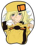  1girl ashiomi_masato blonde_hair blue_eyes breast_mousepad breasts closed_mouth fingerless_gloves gloves guilty_gear guilty_gear_xrd hat long_hair looking_at_viewer millia_rage mousepad_(medium) solo 