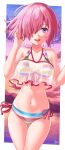  1girl artist_name bangs bikini cloud cloudy_sky commentary cowboy_shot crop_top fate/grand_order fate_(series) hair_over_one_eye halterneck hand_in_hair highres horizon looking_at_viewer mash_kyrielight multicolored multicolored_stripes navel ocean open_mouth outside_border pink_hair purple_eyes see-through short_hair side-tie_bikini signature sky smile solo standing striped striped_bikini swimsuit swimsuit_of_perpetual_summer_ver.02 thigh_gap twilight yuito_(yuitokobunasbs0) 