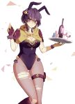  1girl absurdres adapted_costume alternate_costume animal_ears bernadetta_von_varley bottle breasts cleavage cup detached_hood drinking_glass eine_(eine_dx) fake_animal_ears fire_emblem fire_emblem:_three_houses gloves highres holding holding_tray leotard medium_breasts pantyhose playboy_bunny purple_leotard rabbit_ears solo strapless strapless_leotard torn_clothes torn_legwear tray white_background wine_bottle wine_glass wrist_cuffs yellow_gloves 