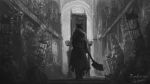  1other ambiguous_gender artist_name bloodborne cage capelet chair coat commentary_request copyright_name from_behind greyscale hat highres holding holding_weapon hunter_(bloodborne) monochrome saw_cleaver scenery solo standing tricorne tripdancer weapon 