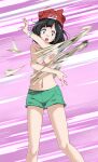  1girl black_eyes black_hair breasts collarbone green_shorts hat highres long_hair looking_at_viewer motion_blur navel nipples pokemon pokemon_(game) pokemon_sm purple_background red_headwear scared selene_(pokemon) shiny shiny_hair short_shorts shorts small_breasts solo standing sweatdrop tearing_clothes topless torn_clothes tsukishiro_saika v-shaped_eyebrows 