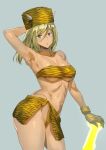  1girl animal_print arm_up ashiomi_masato aura bare_shoulders blonde_hair blue_eyes breasts collarbone cowboy_shot gloves guilty_gear guilty_gear_xrd horns long_hair looking_at_viewer millia_rage navel simple_background solo standing thong tiger_print weapon 