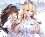  2girls alternate_costume blonde_hair blue_eyes brown_eyes brown_hair buttons cake cake_slice dated flower food fork hair_between_eyes hair_flower hair_ornament headgear himeyamato holding holding_fork iowa_(kancolle) kantai_collection long_hair long_sleeves military military_uniform multiple_girls naval_uniform open_mouth pink_flower ponytail smile star-shaped_pupils star_(symbol) symbol-shaped_pupils uniform uss_iowa_(bb-61) yamato_(battleship) yamato_(kancolle) 