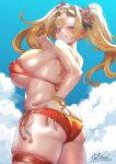  1girl areola_slip areolae ass ass_grab bangs bare_shoulders bikini blonde_hair blue_eyes blue_sky blush bracelet breasts cloud commentary_request cowboy_shot day eyebrows_visible_through_hair eyewear_on_head flower from_behind grabbing_own_ass granblue_fantasy grin hair_between_eyes hair_flower hair_intakes hair_ornament hand_under_clothes hand_under_swimsuit hand_up hibiscus highres jewelry large_breasts long_hair looking_at_viewer obui parted_hair partial_commentary red_bikini side-tie_bikini sideboob sidelocks signature skindentation sky smile solo standing stomach sunglasses sweat swimsuit teeth thigh_strap twintails zeta_(granblue_fantasy) 