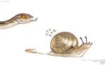  animal animal_focus detached_tail encyclopedia_of_living_things flying_sweatdrops highres nishimawari_kouro no_humans official_art simple_background snail snake white_background 