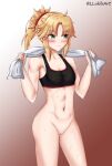  1girl black_bra blush bra breasts cleavage embarrassed english_commentary eyebrows_visible_through_hair fate/grand_order fate_(series) from_side gradient gradient_background green_eyes llukik looking_away looking_to_the_side mordred_(fate) mordred_(fate/apocrypha) navel no_panties ponytail pussy red_scrunchie scrunchie small_breasts solo sports_bra sweat toned towel towel_around_neck underwear 