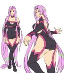  1girl absurdly_long_hair ashiomi_masato ass bare_shoulders breasts closed_mouth dress fate/grand_order fate/stay_night fate_(series) long_hair looking_at_viewer medusa_(fate) medusa_(rider)_(fate) purple_hair simple_background solo strapless strapless_dress thighhighs very_long_hair white_background 