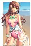  1girl beach bow breasts brown_hair choker cleavage cleavage_cutout clothing_cutout epic_seven flower gyesungja hair_flower hair_ornament hazel_(epic_seven) long_hair looking_at_viewer one-piece_swimsuit pink_swimsuit sarong see-through smile star_(symbol) star_hair_ornament swimsuit x_hair_ornament yellow_eyes 