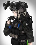  1girl absurdres backpack bag bulletproof_vest camouflage_print candy cat cigarette_candy emblem fanny_pack food gloves helmet highres magazine_(weapon) military military_operator night_vision_device original pz-15 solo tactical_clothes tattoo watch wristwatch 