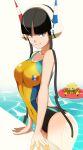  1girl black_hair blue_eyes elesa_(pokemon) gen_5_pokemon grin headphones highres joltik long_hair olympics one-piece_swimsuit pokemon pokemon_(game) pokemon_bw pool smile solo swimsuit twintails vivivoovoo wet 