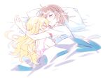  2girls arm_over_shoulder bed blanket blonde_hair blush brown_hair closed_eyes ears eyebrows eyelashes frills long_hair maribel_hearn multiple_girls open_mouth pillow re_ghotion shirt short_hair sleeping sleepwear touhou usami_renko white_background white_shirt yuri 