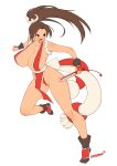  1girl artist_name bare_shoulders blush breasts brown_eyes brown_hair cleavage clenched_hands collarbone commentary english_commentary fatal_fury fighting_stance floating_hair folding_fan full_body hand_fan high_ponytail highres holding holding_fan japanese_clothes large_breasts long_hair nestkeeper ninja no_bra open_mouth partially_visible_vulva pelvic_curtain ponytail revealing_clothes rope serious shiranui_mai sideboob signature simple_background solo tabi the_king_of_fighters thighs white_background 