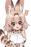  ! !! 1girl :o animal_ear_fluff animal_ears bangs bare_shoulders blonde_hair blush bow bowtie breasts brown_eyes elbow_gloves extra_ears eyebrows_visible_through_hair fangs gloves hair_between_eyes high-waist_skirt highres kemono_friends large_breasts looking_at_viewer notora print_gloves print_neckwear print_skirt serval_(kemono_friends) serval_print shirt simple_background sketch skirt sleeveless sleeveless_shirt solo tail teeth upper_body white_background white_shirt 