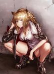 1girl animal_ears arknights black_footwear black_jacket blonde_hair boots breasts candy choker cleavage closed_mouth floor food full_body fur_collar hand_on_own_cheek hand_on_own_face highres holding holding_candy holding_food holding_lollipop jacket lion_ears lion_girl lion_tail lollipop long_hair long_sleeves looking_at_viewer ponytail red_shorts shinachiku_(uno0101) shirt shorts siege_(arknights) solo squatting tail wall white_shirt yellow_eyes 