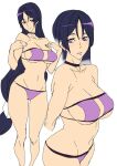  1girl ashiomi_masato bangs bare_arms bare_shoulders bikini breasts cleavage closed_mouth collar collarbone fate/grand_order fate_(series) hands_on_own_chest large_breasts long_hair looking_at_viewer looking_to_the_side low-tied_long_hair minamoto_no_raikou_(fate) minamoto_no_raikou_(swimsuit_lancer)_(fate) multiple_views navel parted_bangs purple_eyes purple_hair simple_background smile swimsuit very_long_hair white_background 