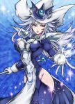  1girl blue_dress breasts cowboy_shot dress duel_monster gloves half-closed_eyes hat hip_vent holding holding_staff long_hair nerunerunerune_(artist) red_eyes silent_magician skin_tight solo staff surcoat white_gloves white_hair witch_hat yu-gi-oh! 