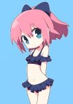  1girl bangs bare_shoulders bikini black_bikini blue_background blue_bow blue_eyes bow check_commentary chibi closed_mouth commentary_request eyebrows_visible_through_hair frilled_bikini frills hair_between_eyes hair_bow highres looking_at_viewer navel original osaragi_mitama pink_hair ponytail simple_background smile solo swimsuit 