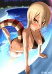  1girl arm_support barefoot bikini black_bikini black_swimsuit blonde_hair blush breasts closed_mouth collarbone commentary_request dripping eyebrows_visible_through_hair eyes_visible_through_hair fisheye hair_between_eyes highres kashisu_mint kemono_friends king_cobra_(kemono_friends) light_smile long_hair looking_at_viewer medium_breasts night orange_eyes outdoors partially_submerged pool poolside snake_tail solo swimsuit tail tan toes twitter_username water wet 
