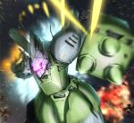  damaged explosion fujikusa gelgoog_marine glowing glowing_eye gundam gundam_0083 highres mecha missing_limb mobile_suit one-eyed punching purple_eyes solo spikes zeon 