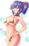  1girl bikini breasts collar glitter highres large_breasts light_smile looking_at_viewer nail_polish one-hour_drawing_challenge purple_hair red_eyes shiny shiny_clothes simple_background swimsuit touhou y2 yasaka_kanako 