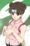  1girl bare_shoulders brown_eyes brown_hair chinese_clothes closed_mouth double_bun eyebrows_visible_through_hair fanny_pack fingers_together furrowed_brow hands_up headband naruto naruto_(series) pretty-purin720 short_hair sleeveless solo tenten_(naruto) 