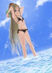  1girl abigail_williams_(fate) absurdres ao_(aocooler) armpits arms_behind_head arms_up ball bangs bare_shoulders beachball bikini black_bikini black_bow blonde_hair blue_eyes blue_sky blush bow breasts collarbone fate/grand_order fate_(series) forehead hair_bow highres long_hair looking_at_viewer multiple_bows navel ocean orange_bow parted_bangs polka_dot polka_dot_bow ponytail sidelocks sky small_breasts solo swimsuit very_long_hair wading wet 