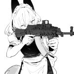  1girl aiming ak-12 animal_ears apron bangs ddari fingernails fox_ears fox_girl fox_tail grey_eyes greyscale hair_between_eyes highres kalashnikov_rifle maid maid_apron maid_headdress monochrome original short_hair short_sleeves simple_background solo tail trigger_discipline white_background white_hair 