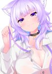  1girl :3 alternate_costume amct_(candyca03092112) animal_ear_fluff animal_ears bangs blush breasts cat_ears choker cleavage closed_mouth collar collared_shirt commentary_request eyebrows_visible_through_hair eyes_visible_through_hair highres hololive large_breasts long_hair looking_at_viewer nekomata_okayu no_bra official_alternate_costume purple_eyes purple_hair see-through shirt simple_background smile solo split_mouth upper_body virtual_youtuber white_background white_shirt 
