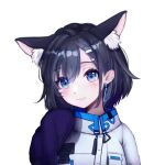  1girl :3 ai_tiq amemachi_hanabi animal_ear_fluff animal_ears bangs black_hair blue_eyes earrings extra_ears eyebrows_visible_through_hair fang fang_out hair_behind_ear hair_ornament hairclip jacket jewelry portrait short_hair sleeves_past_fingers sleeves_past_wrists smile solo triangle_earrings tsunderia white_background white_jacket wolf_ears wolf_girl 