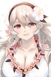  1girl alternate_costume bangs bikini black_headband breasts cleavage commentary_request corrin_(fire_emblem) corrin_(fire_emblem)_(female) fire_emblem fire_emblem_fates fire_emblem_heroes flower flower_necklace hair_between_eyes hair_flower hair_ornament headband heart highres jewelry large_breasts lips long_hair looking_at_viewer manakete necklace official_alternate_costume parted_lips pink_flower pink_lips pointy_ears red_eyes sidelocks silver_hair simple_background smile sobasakuhin solo swimsuit teeth twitter_username upper_body white_background white_bikini white_flower white_swimsuit 