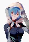  1girl arm_up arms_up ayanami_rei bangs black_bodysuit blue_hair bodysuit breasts evangelion:_3.0+1.0_thrice_upon_a_time gloves hair_between_eyes highres hood hood_up looking_at_viewer mogutofuoes neon_genesis_evangelion parted_lips plugsuit rebuild_of_evangelion red_eyes scratches short_hair simple_background solo turtleneck upper_body white_background 