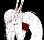  1boy abara_hanbee armband awara_kayu bangs black_armband black_background blood blood_on_face jacket leaning_forward long_hair long_sleeves male_focus red_armband roman_numeral simple_background skeletal_arm solo tokyo_ghoul tokyo_ghoul:re 