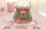  1boy arm_support bangs blonde_hair blush commentary danganronpa_(series) danganronpa_another_episode:_ultra_despair_girls despair_sauce drawing english_commentary eyebrows_visible_through_hair green_shirt holding kemuri_jatarou long_sleeves lying paper pov shiny shiny_hair shirt short_hair solo_focus 