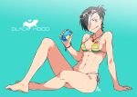  1girl :q ass bare_shoulders barefoot bikini black_hair black_hood bracelet breasts can earrings eyewear_on_head highres jewelry kamezaemon looking_at_viewer necklace original ponytail short_hair side-tie_bikini sitting smile solo string_bikini sunglasses swimsuit tongue tongue_out white_hair 