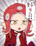  1girl ashiomi_masato jacket long_hair long_sleeves octarian octoling open_mouth pointy_ears red_hair simple_background sleeves_past_wrists solo splatoon_(series) splatoon_2 suction_cups tentacle_hair translated yellow_eyes 