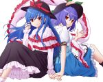  2girls black_headwear black_skirt blue_hair blue_skirt capelet closed_mouth cosplay costume_switch eyebrows_visible_through_hair food frilled_capelet frills fruit hagoromo hair_between_eyes hat hat_ribbon hinanawi_tenshi long_hair long_sleeves multiple_girls nagae_iku peach puffy_short_sleeves puffy_sleeves purple_hair red_eyes red_ribbon ribbon shawl shirt short_hair short_sleeves simple_background skirt smile sugiyama_ichirou touhou v-shaped_eyebrows white_background white_capelet white_shirt 