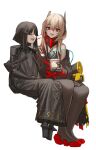  2girls absurdres anna_(girls&#039;_frontline) banana_(girls&#039;_frontline) bare_shoulders black_hair black_legwear cheogtanbyeong eyebrows_visible_through_hair girls&#039;_frontline hair_between_eyes headgear heart highres holding holding_spoon ice_cream_cup invisible_chair light_brown_hair long_hair m4_sopmod_ii_(girls&#039;_frontline) mod3_(girls&#039;_frontline) multicolored_hair multiple_girls open_mouth paradeus red_eyes red_hair simple_background sitting spoon streaked_hair white_background 