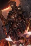  1other armor blurry blurry_foreground breastplate chainmail copyright_name cowboy_shot dark_souls_(series) dark_souls_iii eclipse embers facing_viewer faulds field_of_blades flower full_armor gauntlets helmet highres holding holding_sword holding_weapon mono_(jdaj) outdoors pauldrons planted planted_sword scabbard sheath shoulder_armor solar_eclipse solo soul_of_cinder standing sword weapon 
