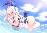  1girl afloat bangs blue_archive blue_sky blue_swimsuit blush cloud cloudy_sky commentary_request demon_girl demon_horns demon_wings eyebrows_visible_through_hair gmkj hair_ornament hairclip halo hina_(blue_archive) horizon horns lifebuoy long_hair looking_at_viewer lying name_tag ocean old_school_swimsuit on_stomach purple_eyes school_swimsuit sidelocks sky solo swimsuit white_hair wings 