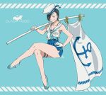  1girl ass bare_shoulders black_hair black_hood blue_eyes breasts buttons crossed_legs double-breasted earrings flag gloves hair_over_one_eye hand_on_hip hat high_heels highres holding holding_flag jewelry kamezaemon looking_at_viewer original sailor_collar short_hair sleeveless smile solo white_gloves white_hair 