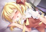  1girl ascot blonde_hair blush bottomless breasts closed_eyes commentary_request crystal flandre_scarlet hair_ribbon hand_up highres implied_fingering implied_masturbation long_hair loose_neckwear lying medium_breasts moaning on_side open_mouth out-of-frame_censoring pillow pillow_grab red_ribbon red_vest ribbon rushigi0 shirt side_ponytail solo touhou upper_body vampire vest white_shirt wings yellow_neckwear 