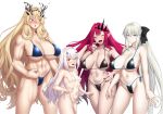  4girls abs absurdres ao_banana bangs bare_shoulders biceps bikini black_bikini black_bow blonde_hair blue_bikini blue_eyes blush bow braid breasts brown_eyes cleavage closed_eyes collarbone fairy_knight_gawain_(fate) fairy_knight_lancelot_(fate) fairy_knight_tristan_(fate) fangs fate/grand_order fate_(series) fingernails french_braid green_eyes grey_hair hair_bow heterochromia highres horns large_breasts long_hair looking_at_viewer looking_to_the_side morgan_le_fay_(fate) multiple_girls muscular muscular_female nail_polish navel open_mouth pink_hair pointy_ears ponytail red_eyes red_nails sidelocks small_breasts smile swimsuit thighs tiara very_long_hair white_bikini white_hair 